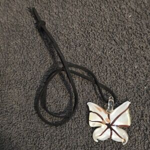 Handmade Blown Glass Jewelry Butterfly Pendant Necklace OS White Iridescent